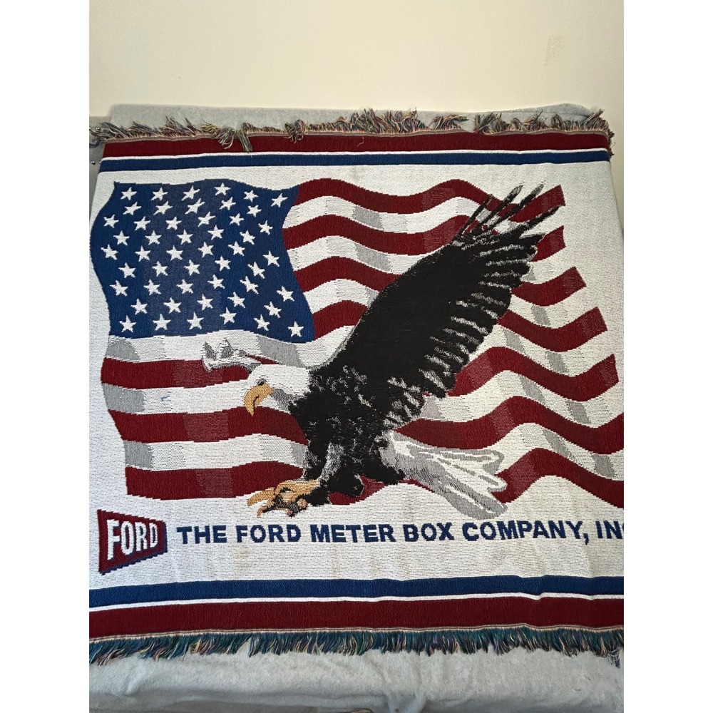 Vintage Ford Meter Box‎ Company Eagle American Flag Woven Tapestry Throw Blanket